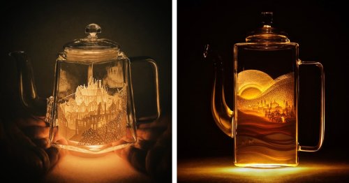 Illuminated Cut Paper Landscapes Encapsulate Enchanting Worlds in Glass Vessels