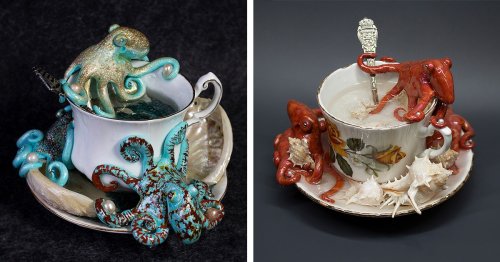 Tiny Octopus Sculptures Transform Tea Sets Into Fantastical Settings Under the Sea