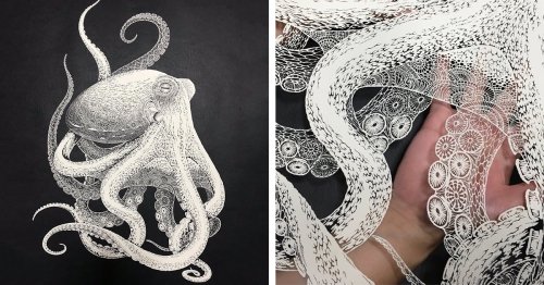 Japanese Artist Hand-Cuts Intricate Octopus From Single Sheet of Paper