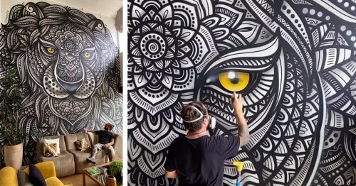Artist Transforms Home With Giant Zentangle Mural of a Lion