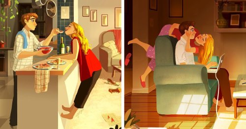Charming Illustrations Capture the Intimate Moments of a Couple in Love