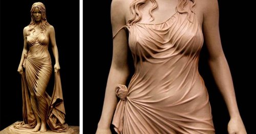 Life-Size Sculpture Captures Texture of Bathing Woman in Soaked Gown in Stunning Detail