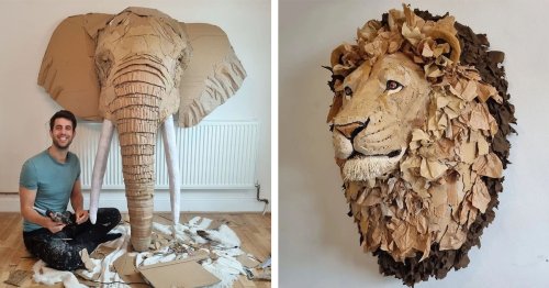 Lifelike Animal Sculptures Made From Upcycled Cardboard Capture Raw Emotions of Wildlife