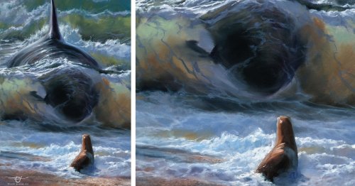 Dramatic Painting Illustrates a Tense Showdown Between a Killer Whale and a Seal