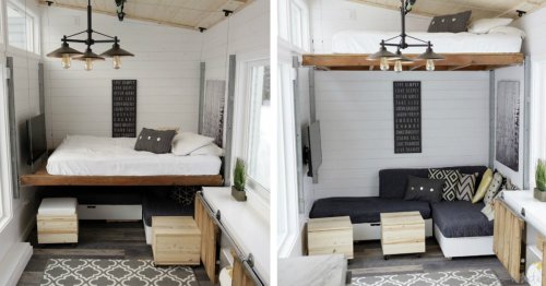 Elevating Bed Turns Tiny Trailer into Modern and Spacious Home