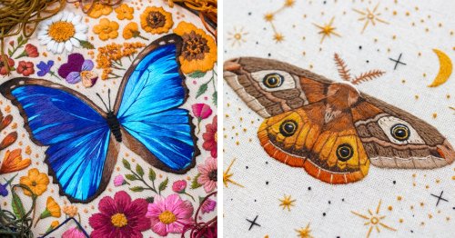 Embroidery Artist Stitches Colorful Insects and Flowers With Painterly Detail