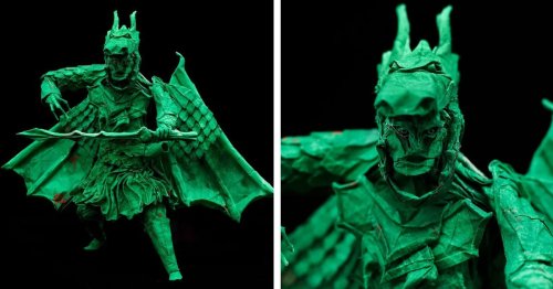 Origami Artist Creates a Dragon Hunter Sculpture From a Single Piece of Paper