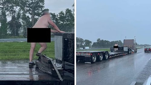 Naked Man Caught on Camera Climbing Tractor-Trailer on Florida Interstate