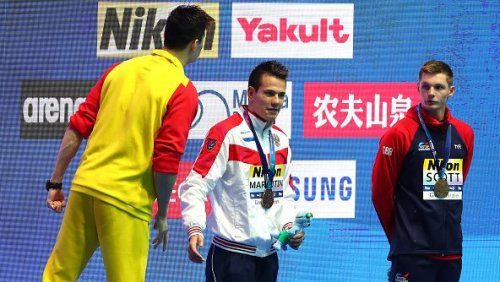 Sun Yang gets in Duncan Scott’s face after another swim worlds podium protest