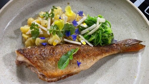 Rezept "Gebratener Flussbarsch mit Kartoffelsalat und Bohnen" | NDR.de - Ratgeber - Kochen