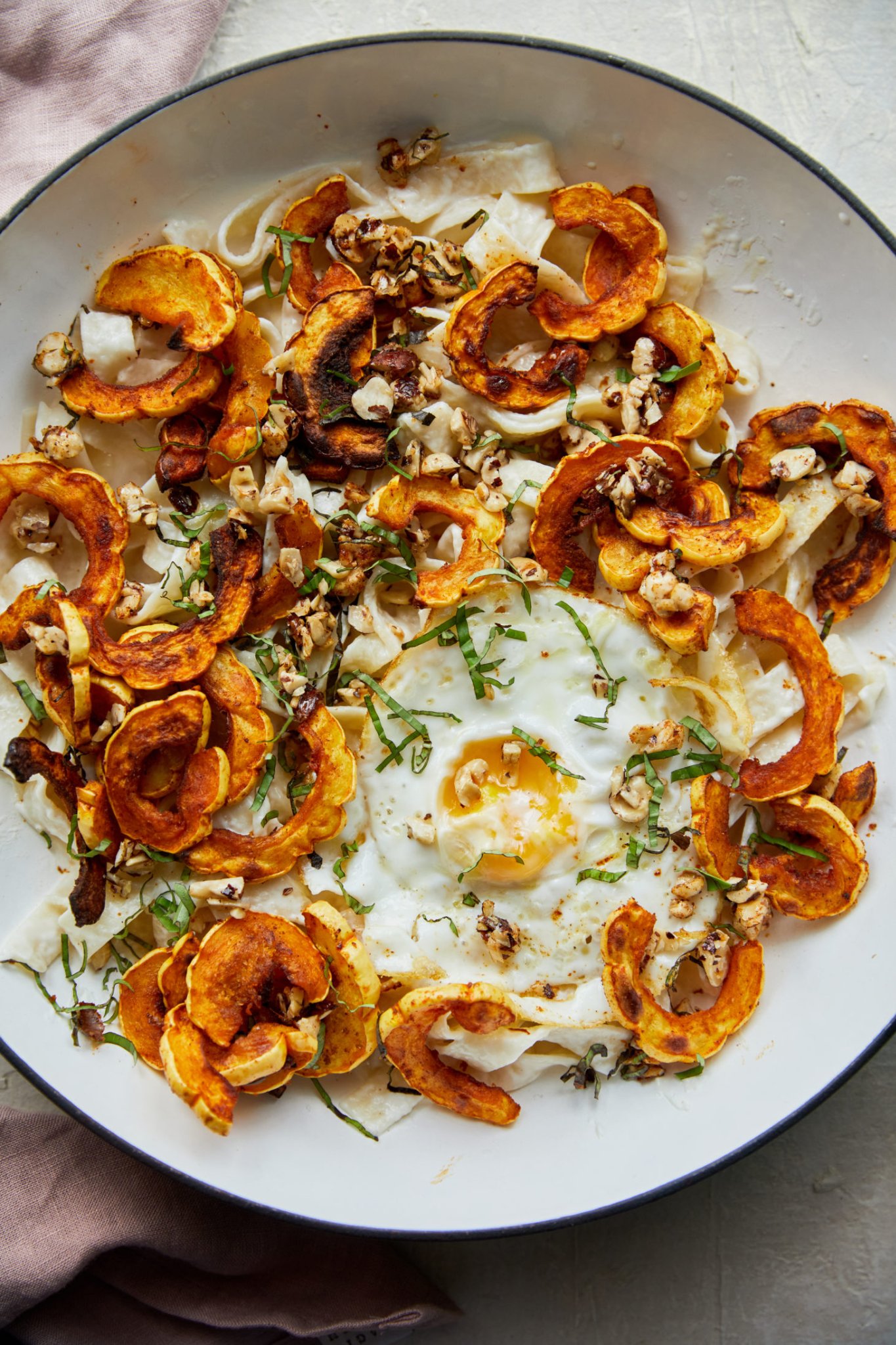 Delicata Squash Pasta with Egg and Goat Cheese