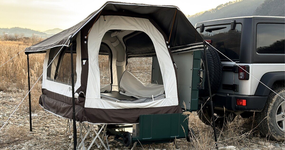 Rolling tent hitches a ride and inflates into above-ground abode
