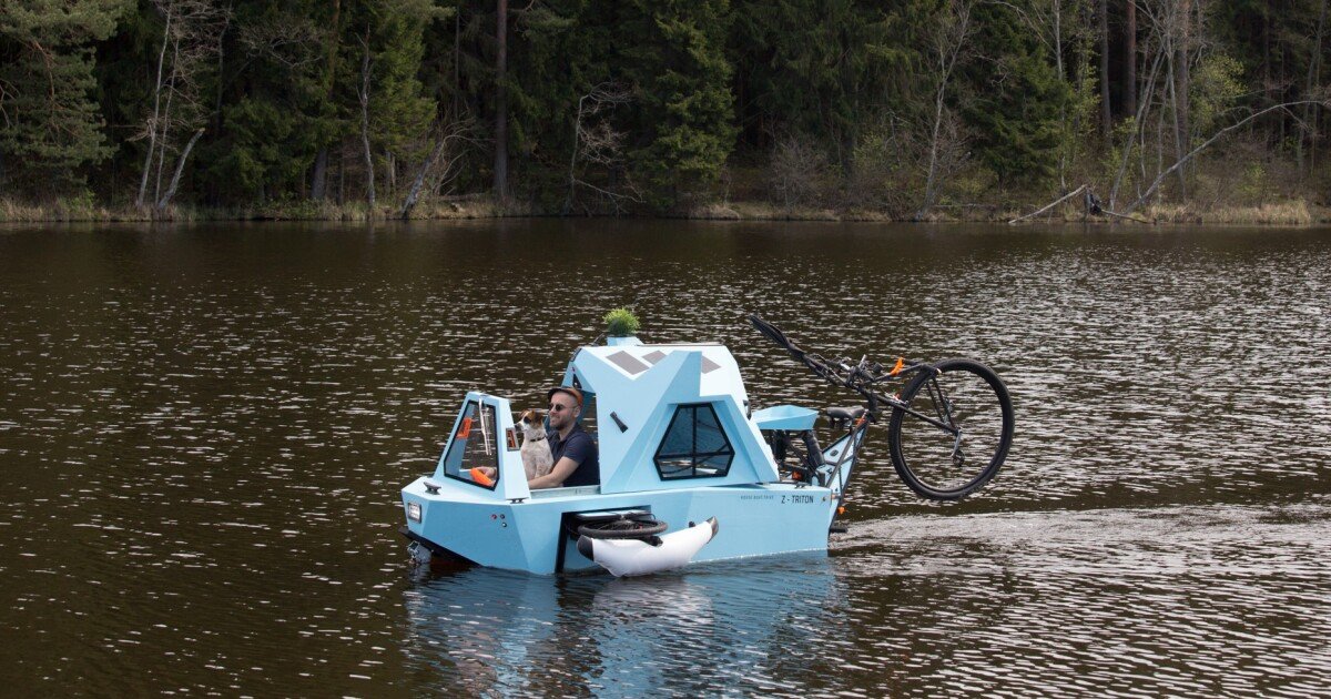 Offbeat micro-camper cycles on land, floats on water