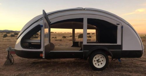 Otherworldly teardrop trailer uses chicken feather composite for light, tiny car-friendly towing