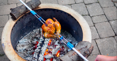 Light, packable rotisserie raises bar for backcountry campfire cooking