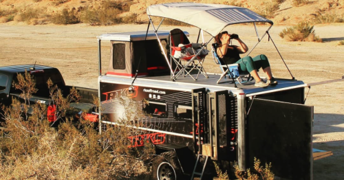 Wood-free pop-up camping trailer packs a rooftop party deck