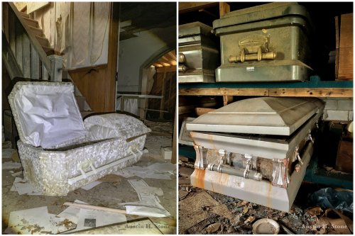 Man explores "eerie" abandoned funeral home with children's caskets inside