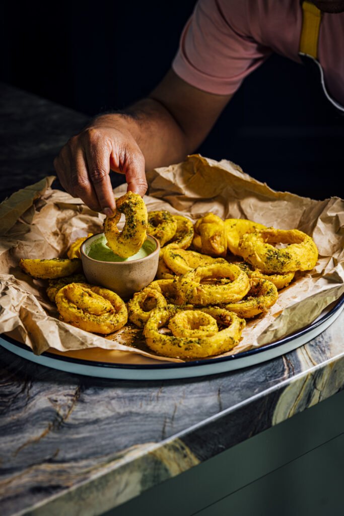 Golden Za’atar Onion Rings with Buttermilk Caraway Dipping Sauce