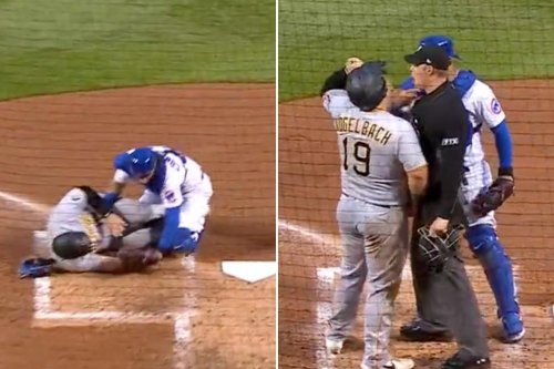 Benches clear after play at plate between Cubs and Pirates