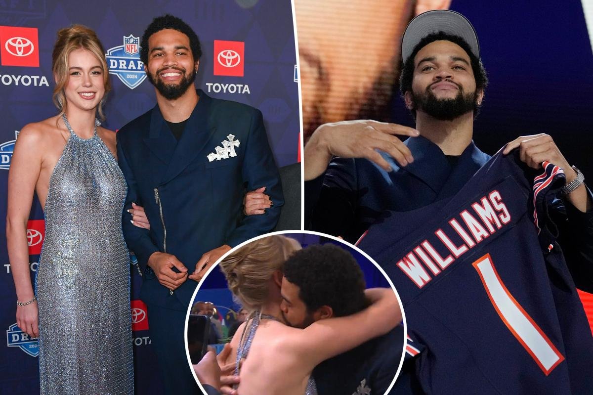 Caleb Williams hugs girlfriend Alina Thyregod after Bears select QB No. 1 overall in 2024 NFL Draft