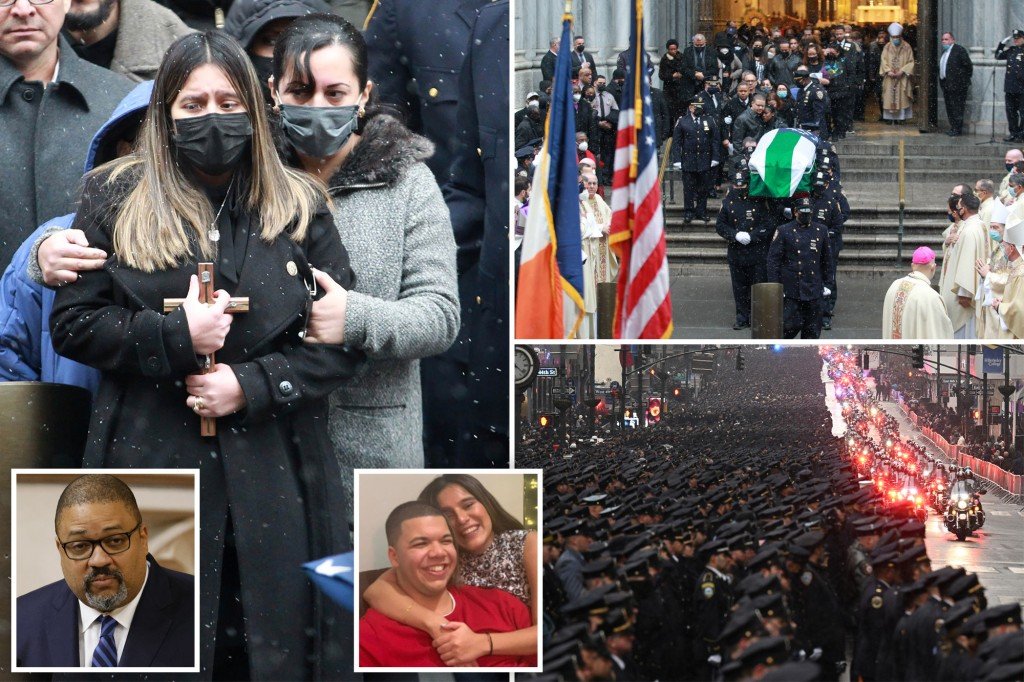 Widow of NYPD Officer Jason Rivera blasts Alvin Bragg in moving eulogy