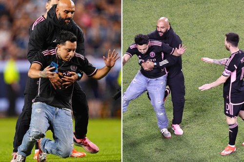 Lionel Messi’s bodyguard sprints to tackle fan who ran onto field