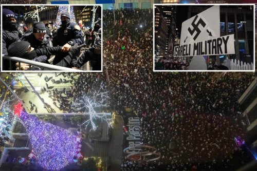 Pro-Palestinian protesters, one carrying swastika, swarm Midtown in bid to derail Rockefeller Center Christmas tree lighting