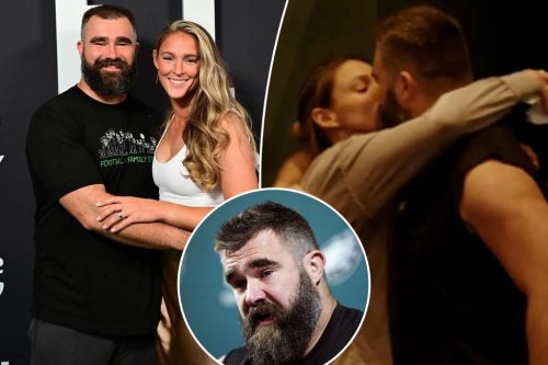 Jason Kelce kisses wife Kylie after teary NFL retirement speech