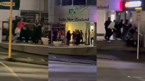 Vicious brawl in Auckland's CBD caught on camera, score of young people seen punching and stomping on each other