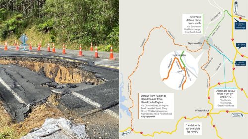 Major crack and slump closes State Highway 23 between Whatawhata and Raglan