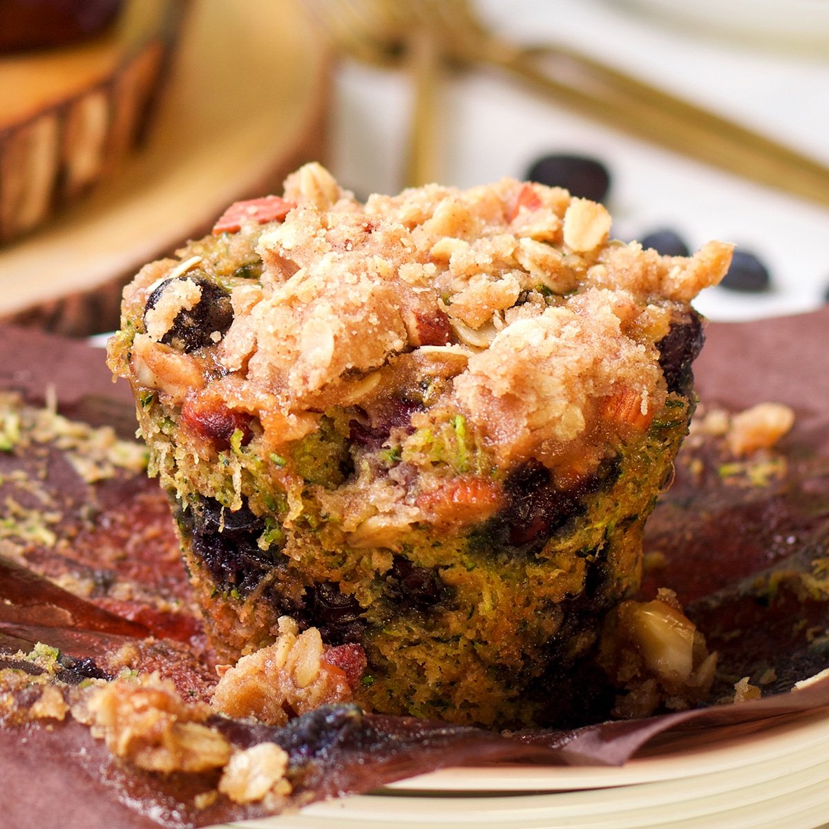 Zucchini Blueberry Muffins with Oat and Almond Streusel