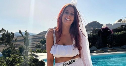 Stacey Solomon poses in white bride bikini and veil after jetting off on hen do
