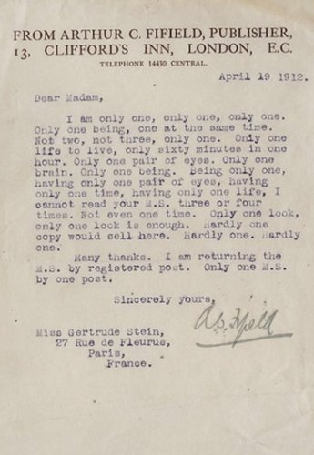 Gertrude Stein Gets a Snarky Rejection Letter from a Publisher (1912)
