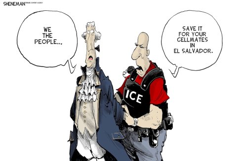 Editorial cartoons for April 20, 2025: El Salvador prison, Trump vs. Harvard, China trade war