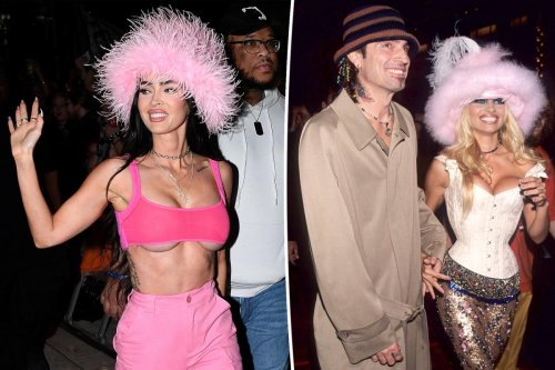 Megan Fox channels Pamela Anderson in pink fluffy hat and tiny bra top