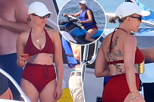 Scarlett Johansson shows off tattoos in red bikini in the Hamptons