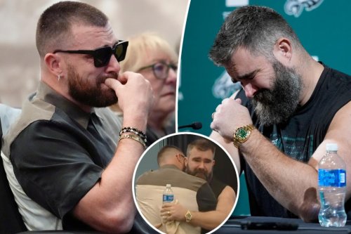 Travis Kelce wipes away tears as brother Jason announces retirement from NFL