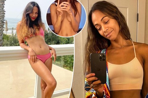 Zoe Saldana poses topless, shows off tattoo of her husband’s face