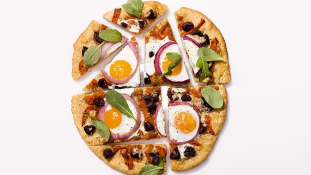 Pizza with Eggs, Roasted Peppers, and Olives