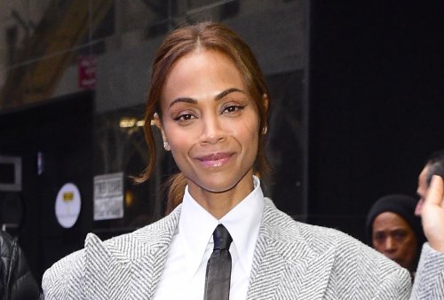 Zoe Saldana Goes Bold in Oversized Blazer With Fiery Red Leather Skirt—See the Look