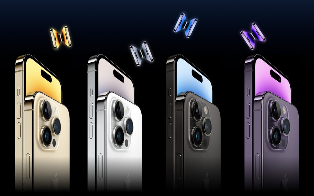  Four iPhone 14 smartphones with eSIM capabilities in gold, silver, blue, and purple.