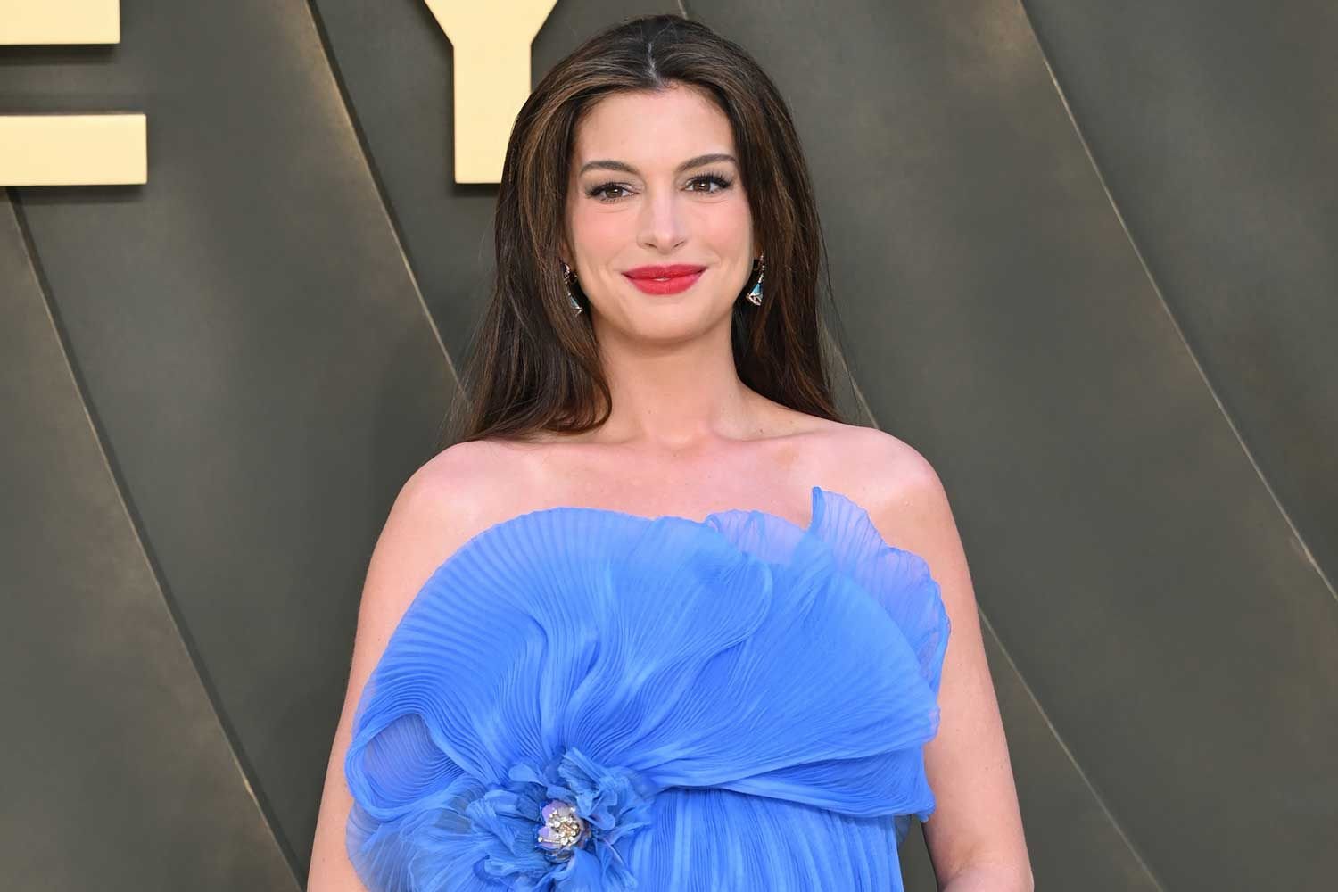 Anne Hathaway Says She Found Blue Dior Dress for The Odyssey Premiere Months Ago but Saved It for Her Baby Bump