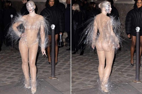 Julia Fox Goes Nearly Naked in a See-Through Catsuit Covered in Clear Sequins at Paris Fashion Week
