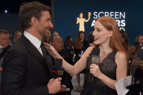 Bradley Cooper Crashes Jessica Chastain's Interview at 2024 SAG Awards: 'We're in the Same Kids Group!'