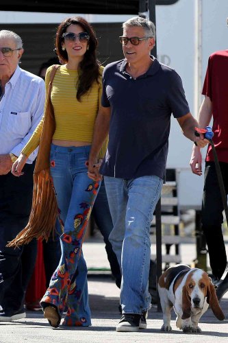 Amal Clooney Is '70s Fall Chic in Alice + Olivia Embroidered Jeans on Set with Husband George