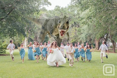 Wedding Photograph Features a Hungry T-Rex Chasing the Bridal Party