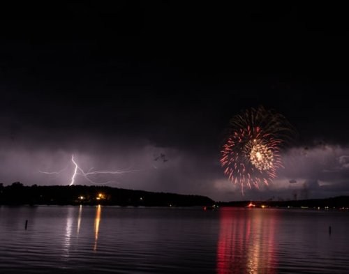 Lightning Photobombs a Photographer's Firework Photographs