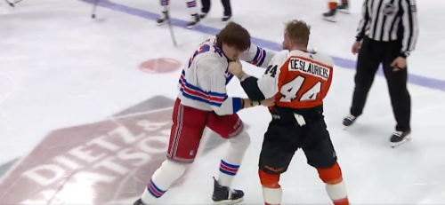 Watch: Flyers’ Deslauriers, Rangers’ Rempe Trade Bombs in Insane Fight