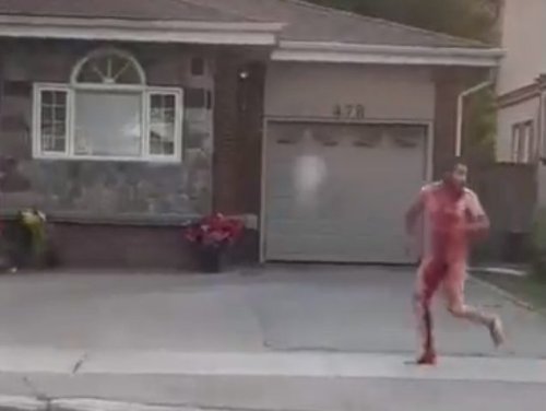 Video shows naked man covered in blood fleeing assailant