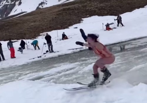 Crowd Celebrates Bikini Wearing Skier Ending The Season With A Bang